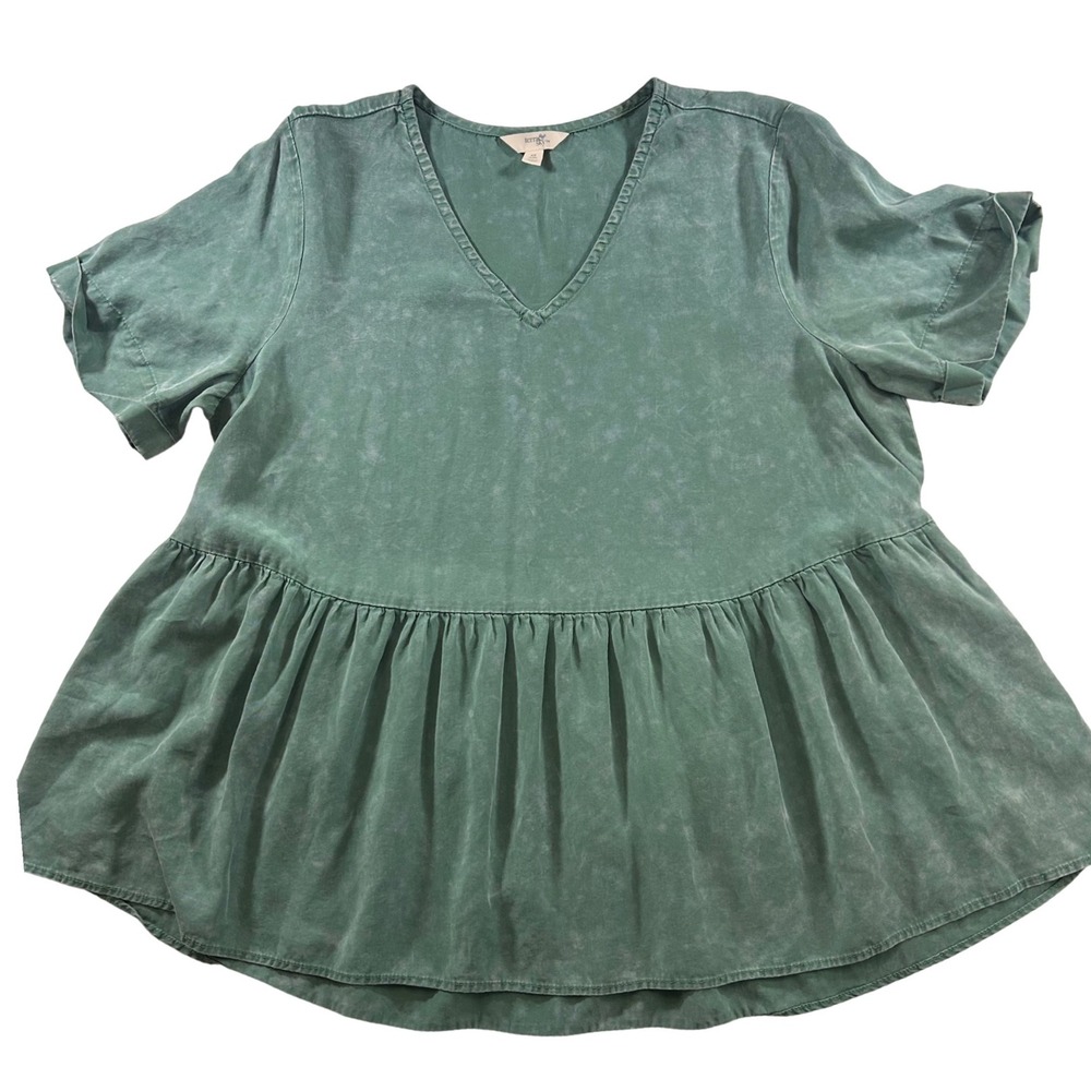 Terra & Sky Womens 0X 14W Green  Silky Babydoll Peplum Top Boho Fairycore Prairy